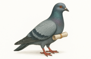 Målad bild på en duva som har ett dokument fäst vid sig.